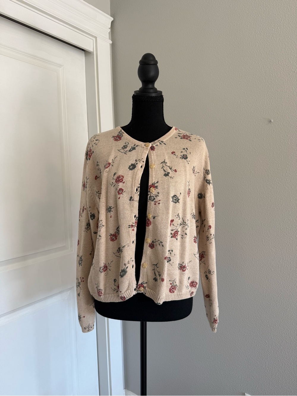 Christopher & Banks Cream Knit Cardigan with Pink & Green Floral Accents